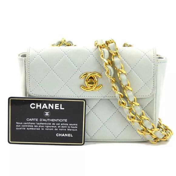Auth CHANEL Matelasse Chain Shoulder Bag Light Blue/Gold Leather/Metal - Picture 1 of 16